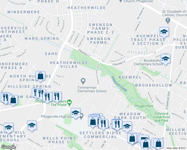 map of restaurants, bars, coffee shops, grocery stores, and more near 16711 Brogan Lane in Pflugerville