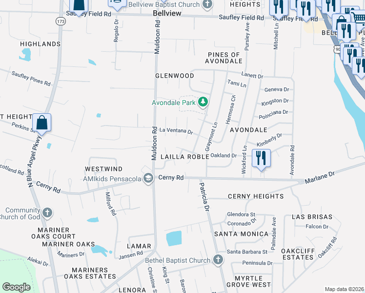 map of restaurants, bars, coffee shops, grocery stores, and more near 4880 Oakland Drive in Pensacola