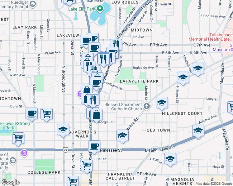 map of restaurants, bars, coffee shops, grocery stores, and more near 909 North Gadsden Street in Tallahassee