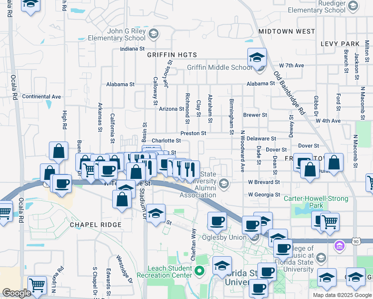 map of restaurants, bars, coffee shops, grocery stores, and more near 1300 Nylic Street in Tallahassee