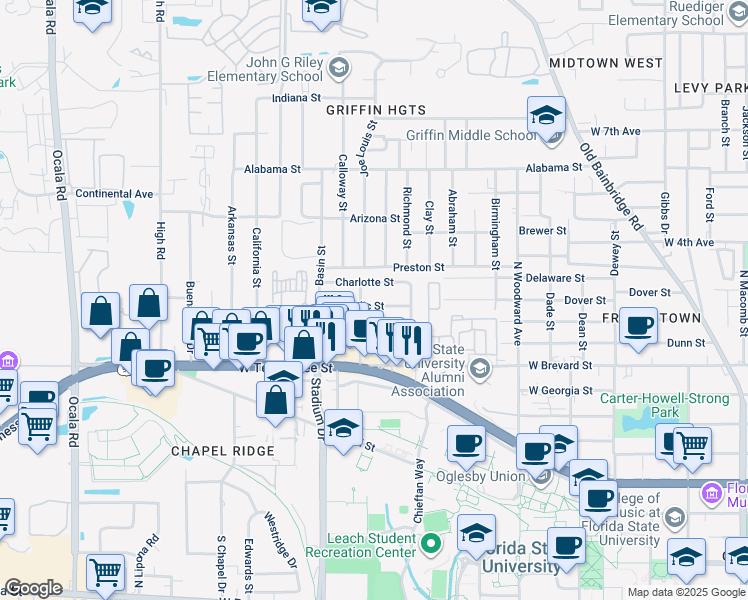 map of restaurants, bars, coffee shops, grocery stores, and more near 1342 Nylic Street in Tallahassee