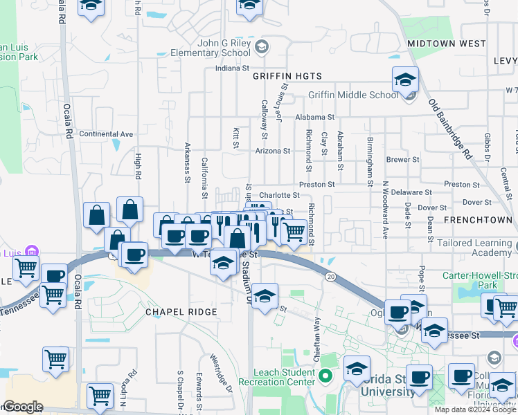 map of restaurants, bars, coffee shops, grocery stores, and more near 1414 Nylic Street in Tallahassee