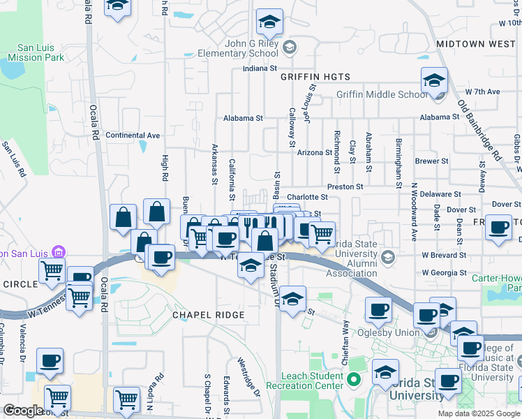 map of restaurants, bars, coffee shops, grocery stores, and more near 774 Campus Circle in Tallahassee