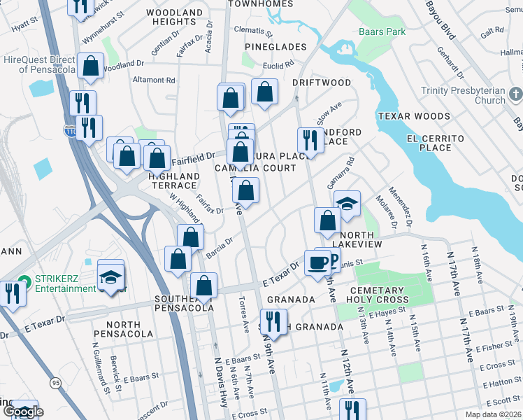 map of restaurants, bars, coffee shops, grocery stores, and more near 3804 N 9th Ave in Pensacola