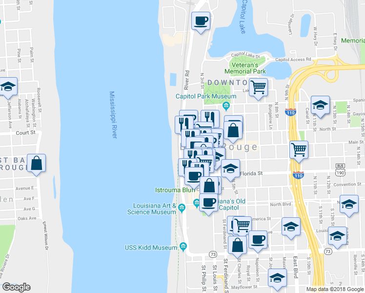 map of restaurants, bars, coffee shops, grocery stores, and more near 111 Main Street in Baton Rouge