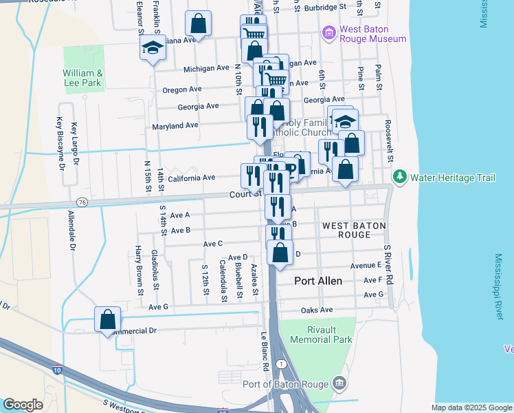 map of restaurants, bars, coffee shops, grocery stores, and more near 124 North Alexander Avenue in Port Allen