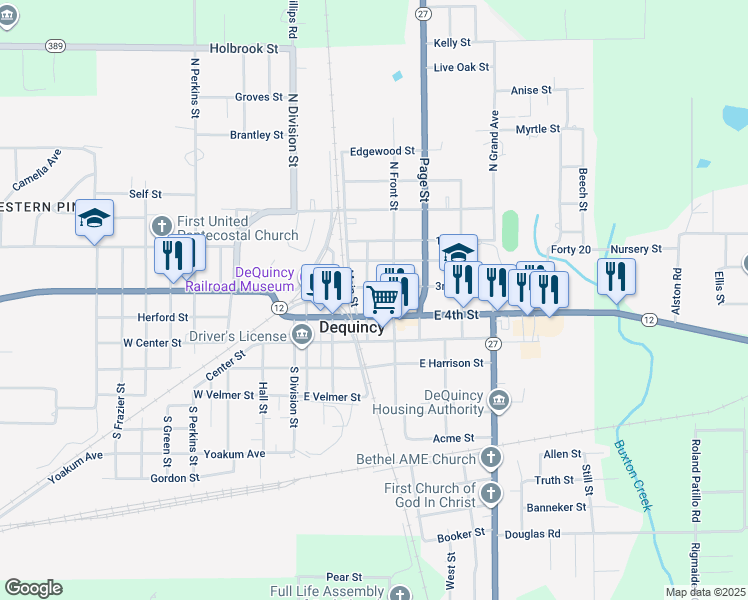 map of restaurants, bars, coffee shops, grocery stores, and more near 208 College St in DeQuincy
