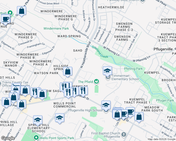 map of restaurants, bars, coffee shops, grocery stores, and more near 116 Adage Drive in Pflugerville