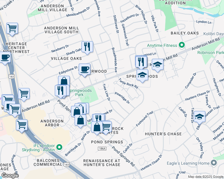 map of restaurants, bars, coffee shops, grocery stores, and more near 9009 Sawtooth Lane in Austin