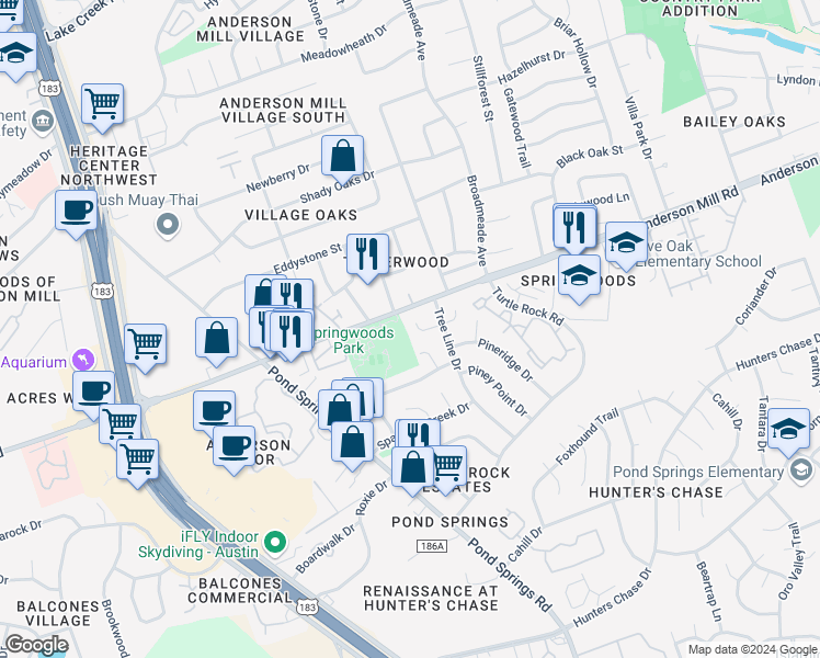 map of restaurants, bars, coffee shops, grocery stores, and more near 9020 Sawtooth Lane in Austin