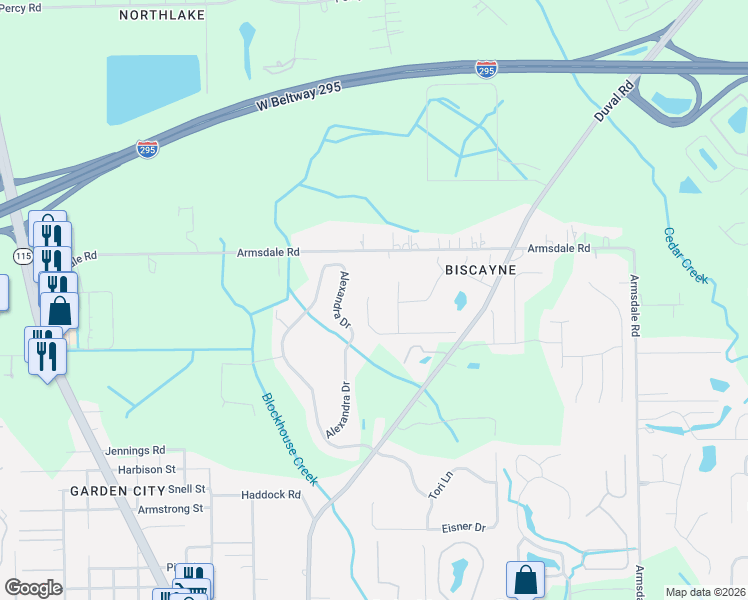 map of restaurants, bars, coffee shops, grocery stores, and more near 2593 Beachview Drive in Jacksonville