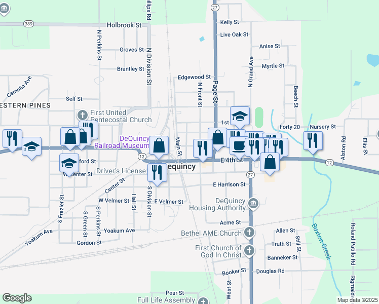 map of restaurants, bars, coffee shops, grocery stores, and more near 208 College St in DeQuincy