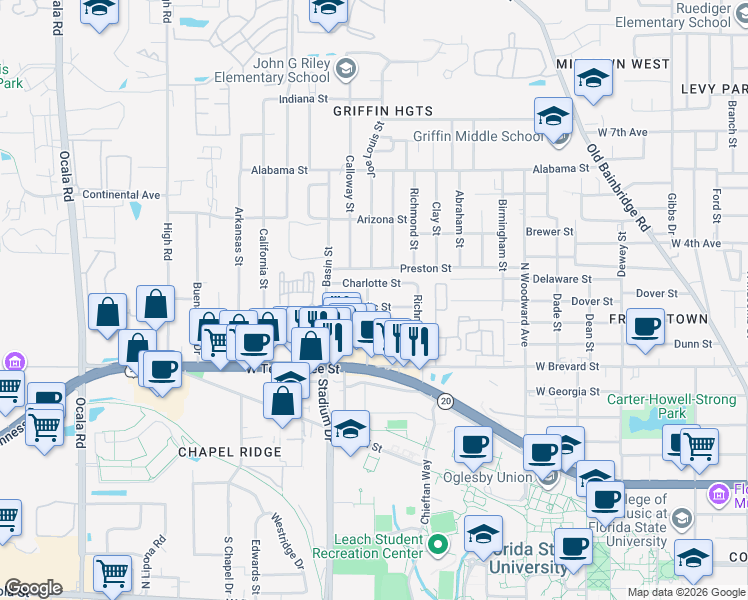 map of restaurants, bars, coffee shops, grocery stores, and more near 1342 Nylic Street in Tallahassee