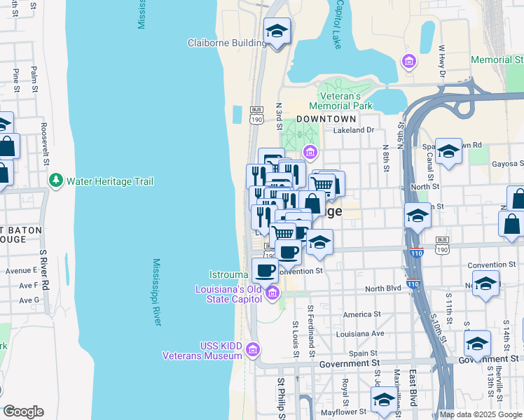map of restaurants, bars, coffee shops, grocery stores, and more near 169 Main Street in Baton Rouge