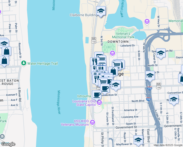 map of restaurants, bars, coffee shops, grocery stores, and more near 111 Main Street in Baton Rouge