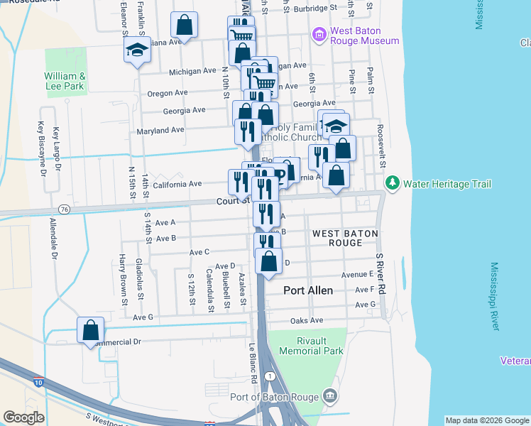 map of restaurants, bars, coffee shops, grocery stores, and more near 124 North Alexander Avenue in Port Allen