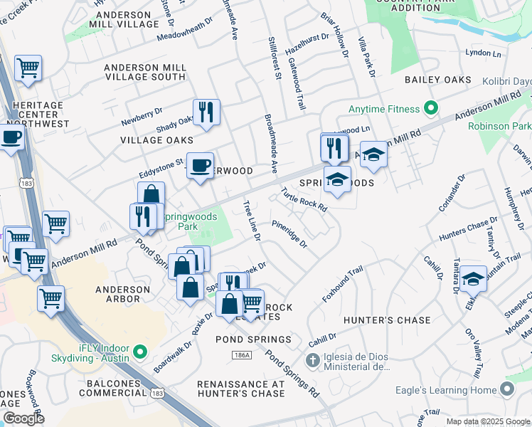 map of restaurants, bars, coffee shops, grocery stores, and more near 9009 Sawtooth Lane in Austin