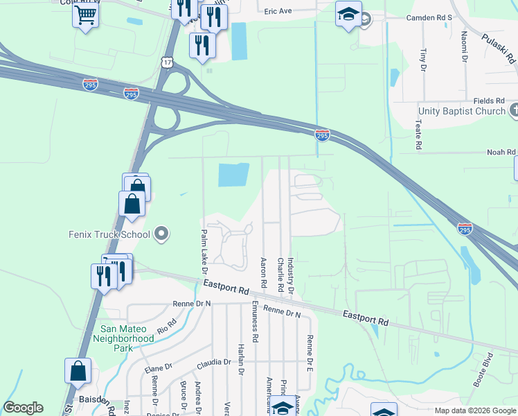 map of restaurants, bars, coffee shops, grocery stores, and more near 11820 Aaron Road in Jacksonville