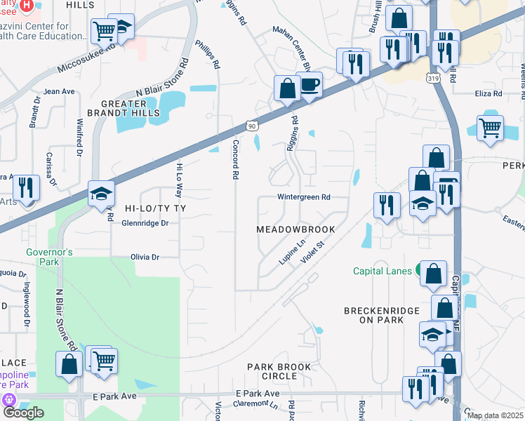 map of restaurants, bars, coffee shops, grocery stores, and more near 743 Red Fern Road in Tallahassee