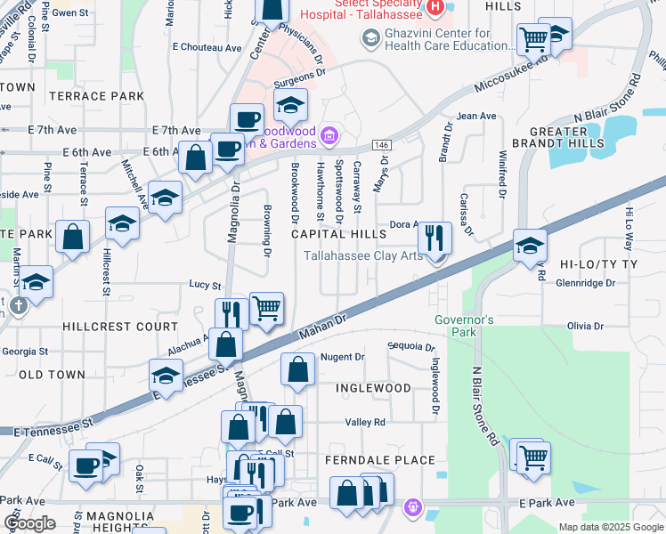map of restaurants, bars, coffee shops, grocery stores, and more near 924 Spottswood Drive in Tallahassee