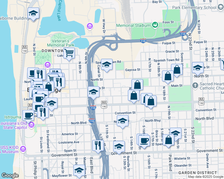 map of restaurants, bars, coffee shops, grocery stores, and more near 1202 Main Street in Baton Rouge