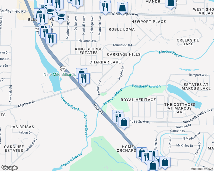 map of restaurants, bars, coffee shops, grocery stores, and more near 1845 Broyhill Court in Pensacola