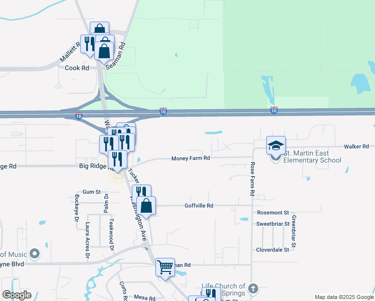 map of restaurants, bars, coffee shops, grocery stores, and more near 13500 Catalanatto Road in Ocean Springs