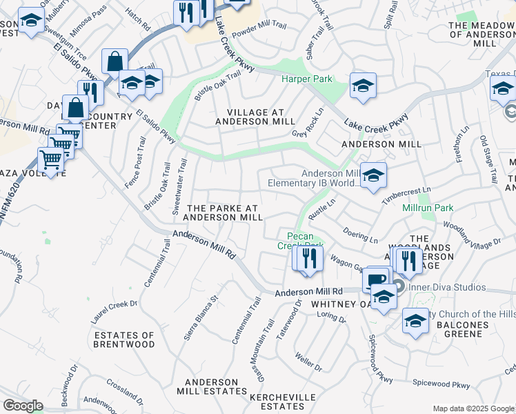 map of restaurants, bars, coffee shops, grocery stores, and more near 11030 Hard Rock Road in Austin