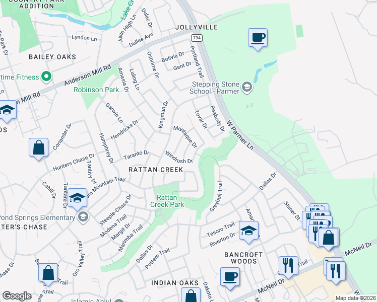 map of restaurants, bars, coffee shops, grocery stores, and more near 13211 Vendrell Drive in Austin