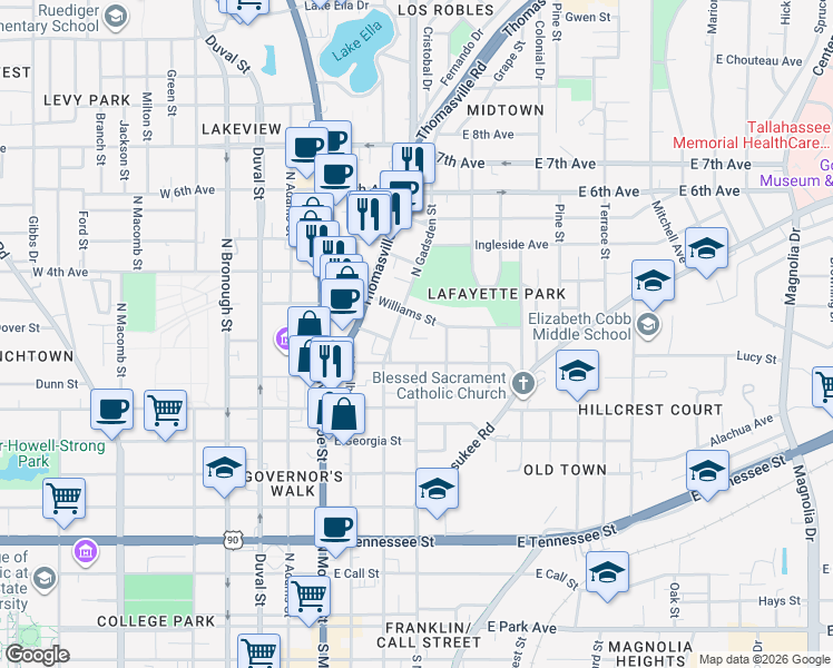 map of restaurants, bars, coffee shops, grocery stores, and more near 909 North Gadsden Street in Tallahassee