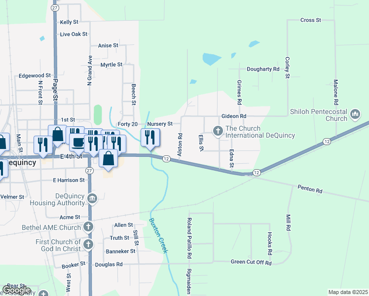 map of restaurants, bars, coffee shops, grocery stores, and more near 152 Alston St in DeQuincy