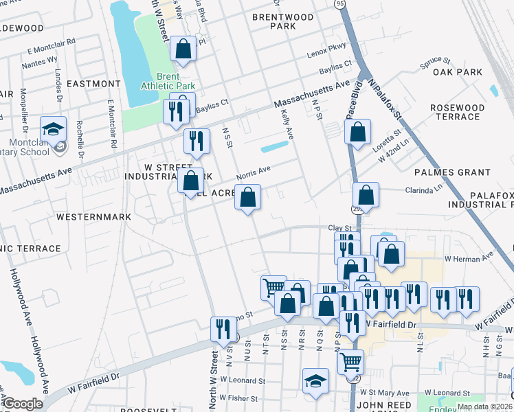 map of restaurants, bars, coffee shops, grocery stores, and more near 3528 North S Street in Pensacola