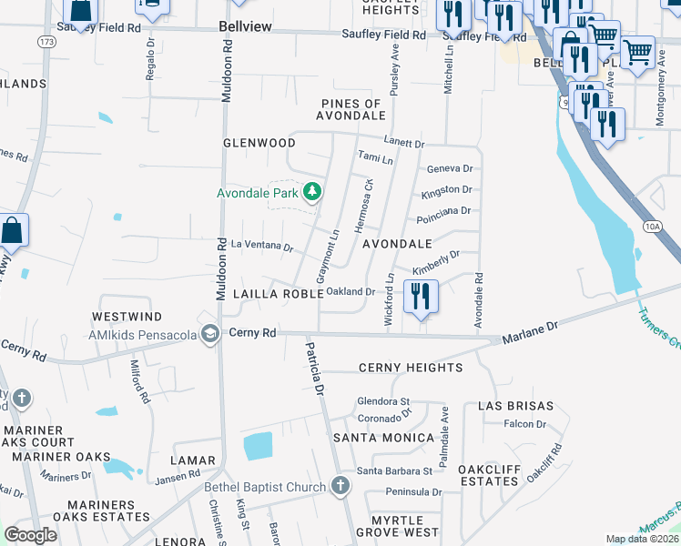 map of restaurants, bars, coffee shops, grocery stores, and more near 5672 Hermosa Circle in Pensacola
