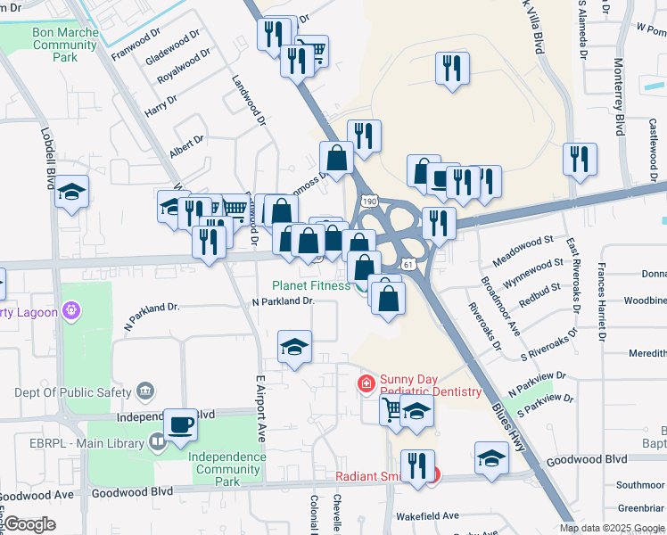 map of restaurants, bars, coffee shops, grocery stores, and more near 8540 Florida Boulevard in Baton Rouge