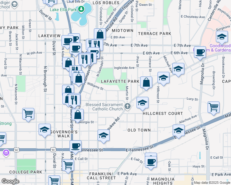 map of restaurants, bars, coffee shops, grocery stores, and more near 535 Williams Street in Tallahassee