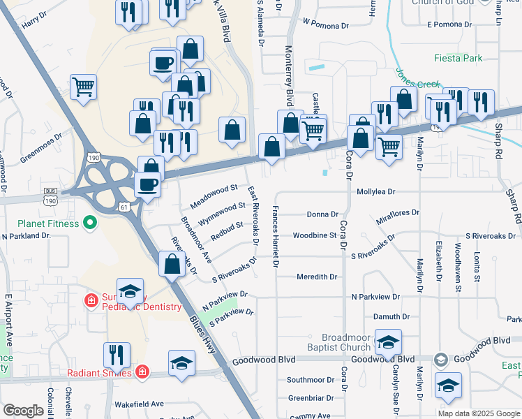 map of restaurants, bars, coffee shops, grocery stores, and more near 372 Frances Harriet Drive in Baton Rouge