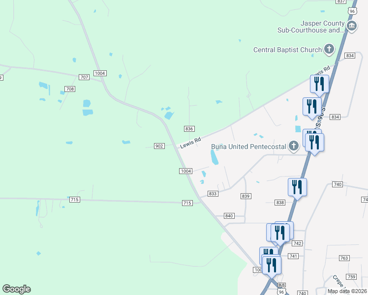 map of restaurants, bars, coffee shops, grocery stores, and more near 1029 County Road 835 in Buna