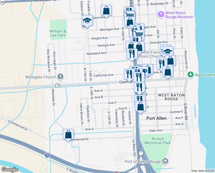 map of restaurants, bars, coffee shops, grocery stores, and more near 1227 Court Street in Port Allen
