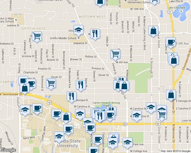 map of restaurants, bars, coffee shops, grocery stores, and more near 1003 Dewey Street in Tallahassee