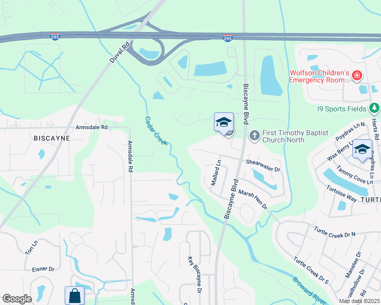 map of restaurants, bars, coffee shops, grocery stores, and more near 1612 Shearwater Drive in Jacksonville