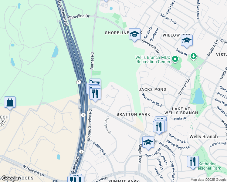 map of restaurants, bars, coffee shops, grocery stores, and more near 14745 Merrilltown Drive in Austin
