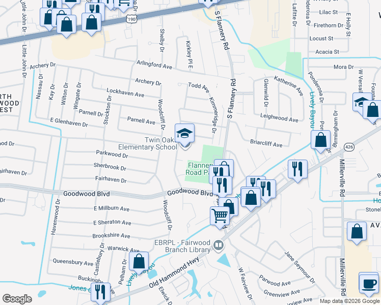 map of restaurants, bars, coffee shops, grocery stores, and more near 819 Trammell Drive in Baton Rouge