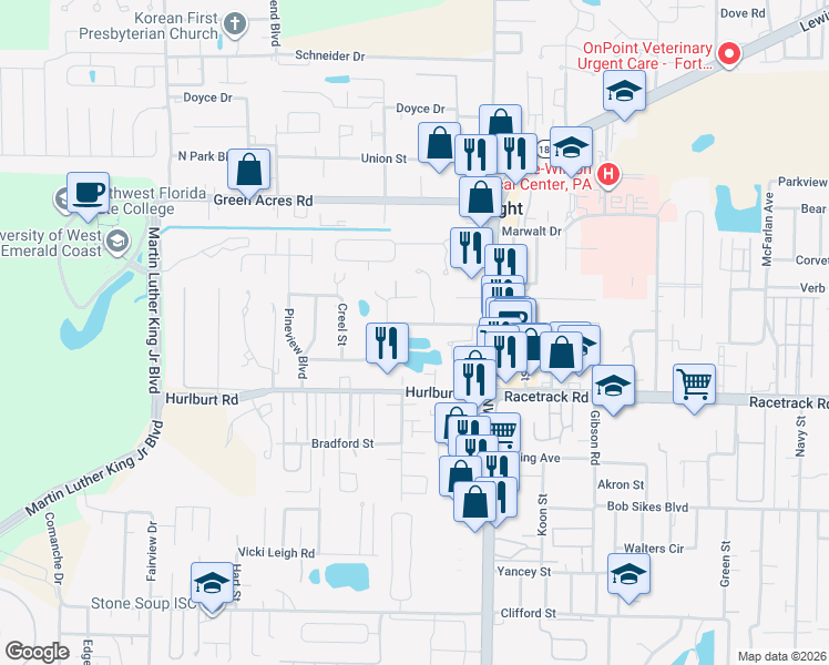 map of restaurants, bars, coffee shops, grocery stores, and more near 216 Cloverdale Boulevard in Fort Walton Beach