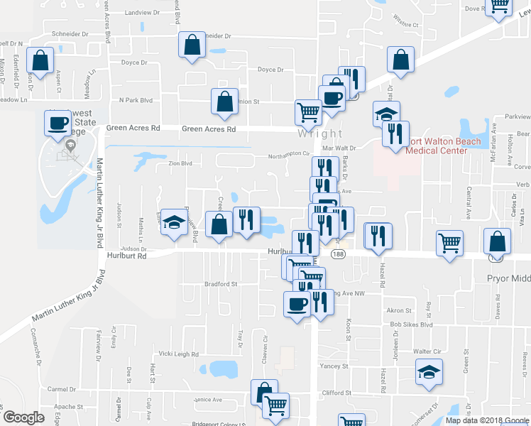 map of restaurants, bars, coffee shops, grocery stores, and more near 218 Cloverdale Boulevard in Fort Walton Beach