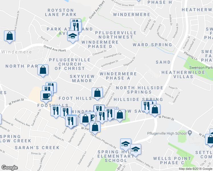 map of restaurants, bars, coffee shops, grocery stores, and more near 16115 Fitchburg Circle in Pflugerville
