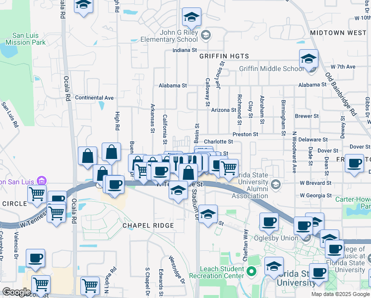 map of restaurants, bars, coffee shops, grocery stores, and more near 774 Campus Circle in Tallahassee