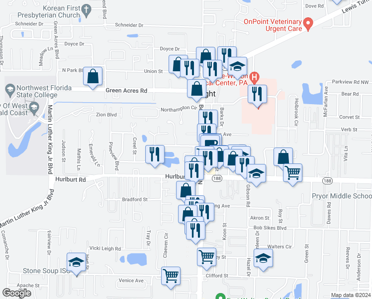 map of restaurants, bars, coffee shops, grocery stores, and more near 208 Cloverdale Boulevard in Fort Walton Beach