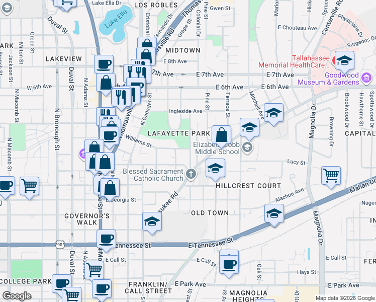 map of restaurants, bars, coffee shops, grocery stores, and more near 824 Martin Street in Tallahassee