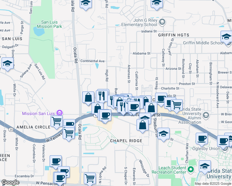 map of restaurants, bars, coffee shops, grocery stores, and more near 819 Buena Vista Drive in Tallahassee