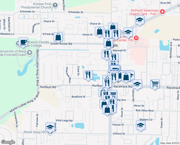 map of restaurants, bars, coffee shops, grocery stores, and more near 216 Cloverdale Boulevard in Fort Walton Beach